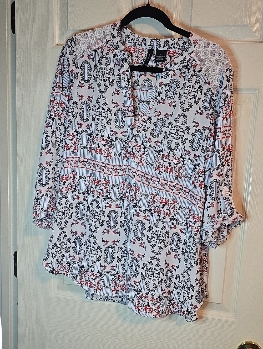 new directions White Blouse with‎ Red Floral and Black Vine Print